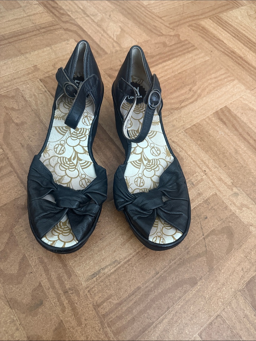 Fly London Black Peep-Toe Ankle-Strap Heels with Knotted Front